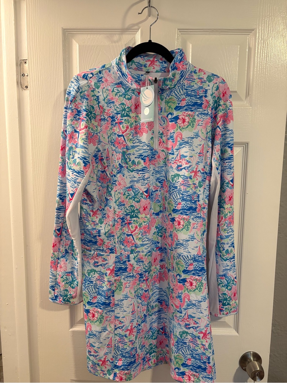 Soneven Pink & Blue Tropical Quarter-Zip Tunic